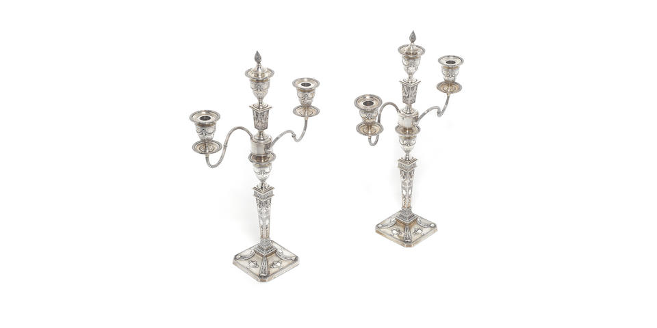 A pair of silver three-light candelabra, by Martin Hall & Co, Sheffield 1904/12,  (2)