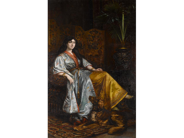 Continental School, 19th Century Portrait of a lady in an oriental robe, seated with her dog