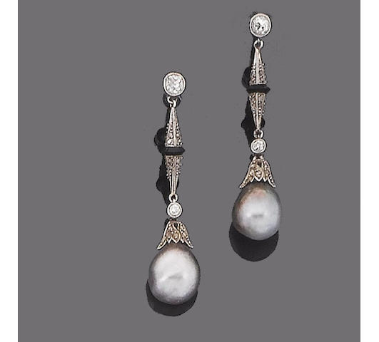 A pair of belle &#233;poque pearl and diamond pendent earrings,