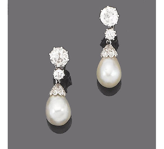 A pair of pearl and diamond pendent earrings,