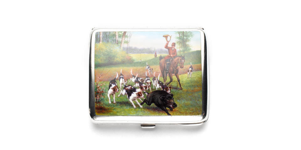 Hunting interest: An Edwardian Continental silver and enamelled cigarette case, imported by Steinhart & Co, Birmingham 1905,