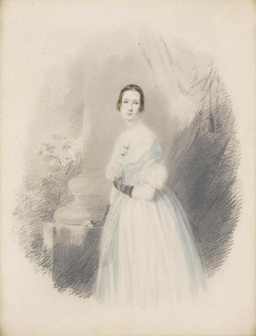 W. Spence Robinson (British, active circa 1830) Two portraits of young Ladies of the Aldam family: one, resting her hand on the base of a pillar, wearing white dress with pink rose at her corsage, black fingerless gloves and ribbon bandeau; the other, wearing white dress with layered lace across the bodice, blue stole and black fingerless gloves, her hair in ringlets