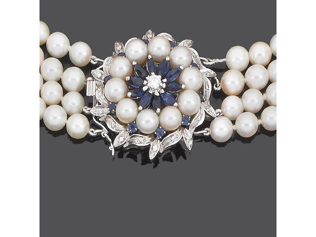 A cultured pearl necklace and bracelet with sapphire and diamond clasp (2)