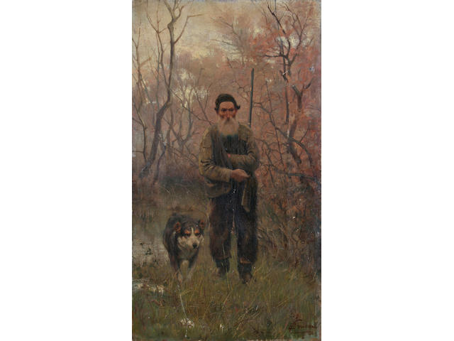 Italian school, circa 1870 A peasant huntsman and his dog on a wooded track,