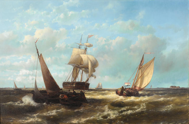 Abraham Hulk (Dutch, 1813-1897) Barges and small traders in a stiff breeze offshore