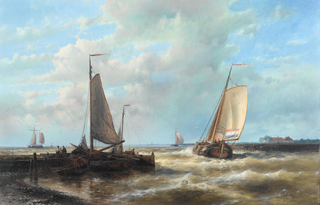 Abraham Hulk (Dutch, 1813-1897) A Dutch barge heading out of harbour on the tide
