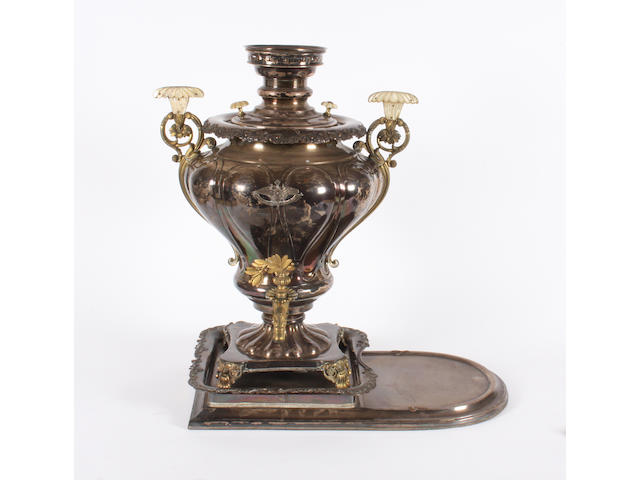 An impressive 19th century Russian plated, gilt brass and mother-of-pearl mounted samovar