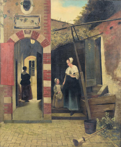 After Pieter de Hooch, late 19th Century A woman and child in a courtyard in Delft