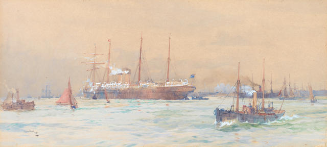 Charles Edward Dixon, R.I. (British, 1872-1934) The White Star liner Germanic heading down the Mersey outward bound for New York