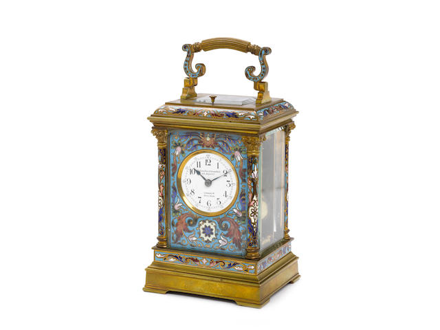 A good late 19th century French enamel decorated repeating carriage clock Goldsmiths & Silversmiths Co, 112 Regent St., London,