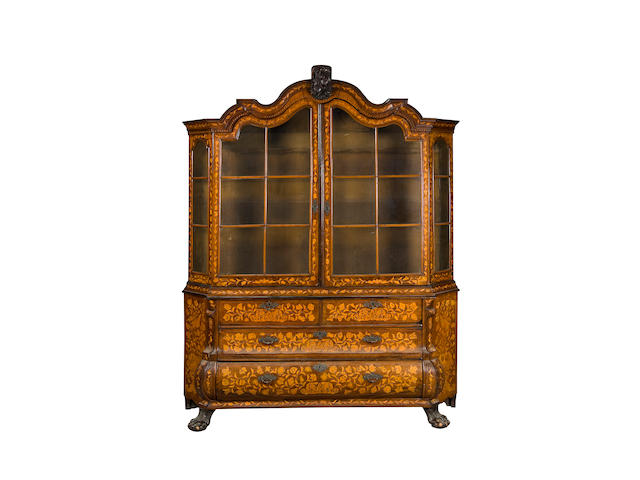 An early 19th century mahogany and fruitwood Dutch marquetry vitrine