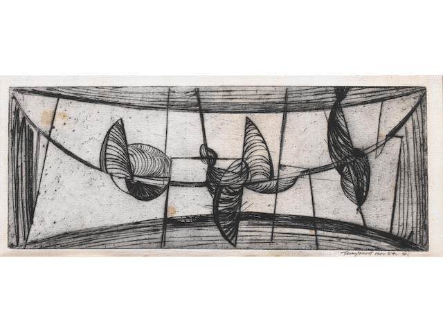 Sir Terry Frost R.A. (British, 1915-2003) Bow Movement Drypoint, 1954, a richly inked impression, on laid, signed, dated Nov. '54 and inscribed "No. 4" in pencil, one of a few proofs (there was no edition), printed by the artist, St Ives, 145 x 340mm (5 1/2 x 13 3/8in)(PL)