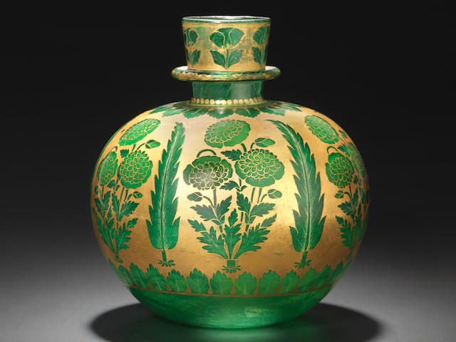 A rare intact Mughal gilt-decorated glass Huqqa Base India, first half of 18th Century