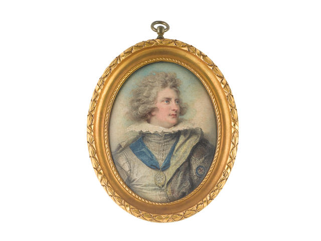 Richard Cosway, RA (British, 1742-1821) George IV (1762-1830), when Prince of Wales, wearing Cavalier dress, black doublet, white collar, black cloak with gold lining and breast star of the Order of the Garter, the badge of the Order of the Garter on a blue ribbon around his neck