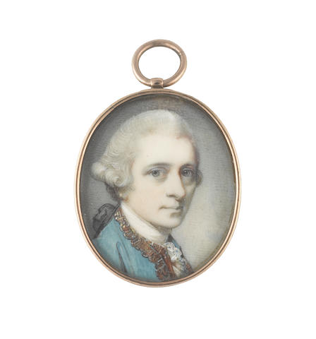 Richard Cosway, RA (British, 1742-1821) A pair of portraits of Alexander (1726-1794) and Anna Hume (n&#233;e Boughton): he, wearing teal blue coat embellished with gold embroidery, white lace cravat and stock, his hair powdered and worn  en queue with black ribbon bow; she, wearing teal blue dress and matching gathered ruff, lace chemise and pendent pearl earings