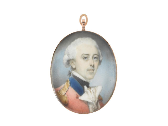 Jeremiah Meyer, RA (British, 1735-1789) An Officer, wearing uniform of red coat, blue collar, gold epaulettes, white waistcoat, chemise and black stock, his powdered wig worn  en queue  with a black ribbon bow
