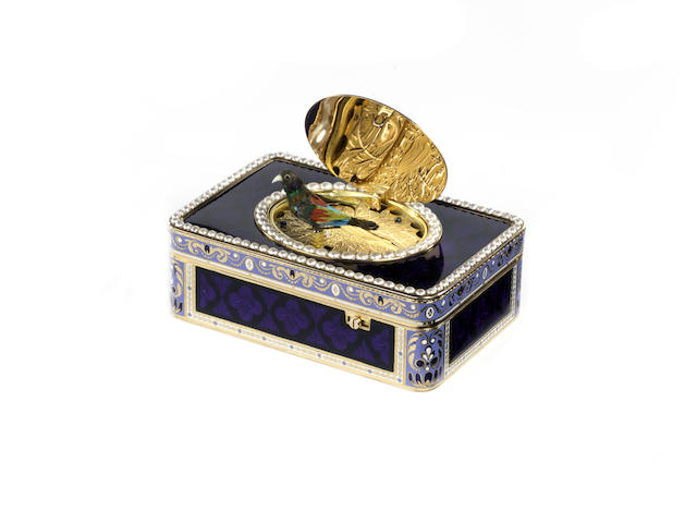 An important and fine gold, enamel and split seed-pearl oiseau chantant with timepiece, Frer&#233;s Rochat, in the manner of Jaquet-Droz, the case by Jaques-Dauphin Moulinie, circa 1795,
