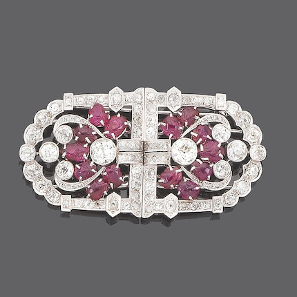 An art deco ruby and diamond double-clip brooch, image 1