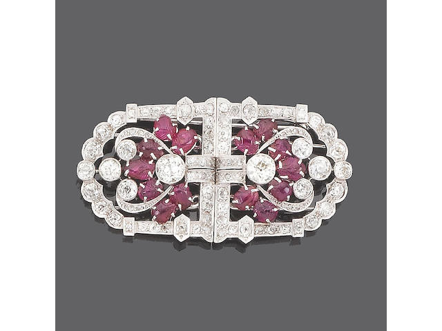 An art deco ruby and diamond double-clip brooch,