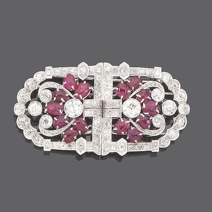 An art deco ruby and diamond double-clip brooch, image 2