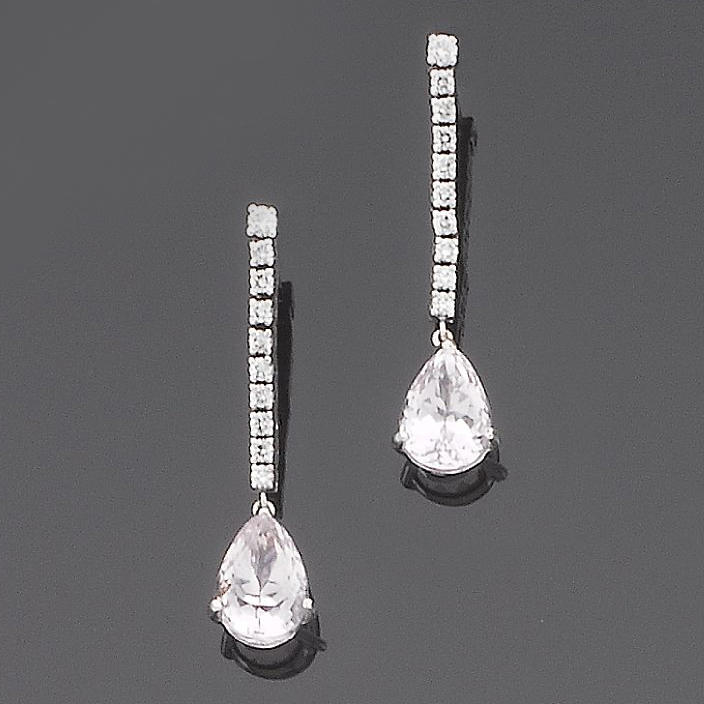 A pair of kunzite and diamond pendent earrings