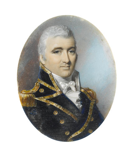 George Engleheart (British, 1750-1829) Sir Pulteney Malcolm GCB GCMG (1768&#8211;1838), wearing Naval uniform, gold trimmed blue coat with buttons embossed with anchors, gold epaulettes, white waistcoat, frilled chemise and tied stock, his hair powdered