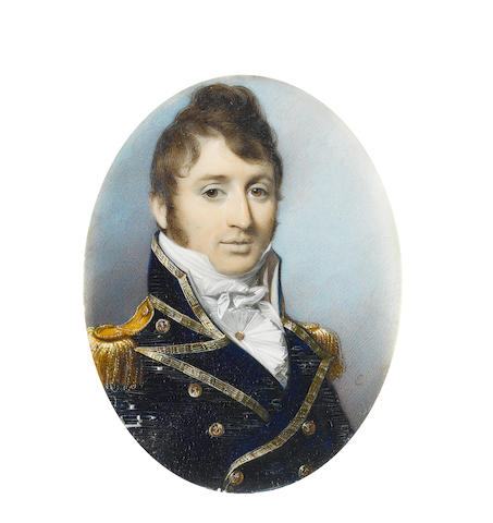 George Engleheart (British, 1750-1829) Sir Charles Malcolm (1782-1851), wearing Naval uniform, gold trimmed blue coat with gold buttons embossed with anchors, gold epaulettes, white waistcoat, frilled chemise held with gold stickpin and tied stock
