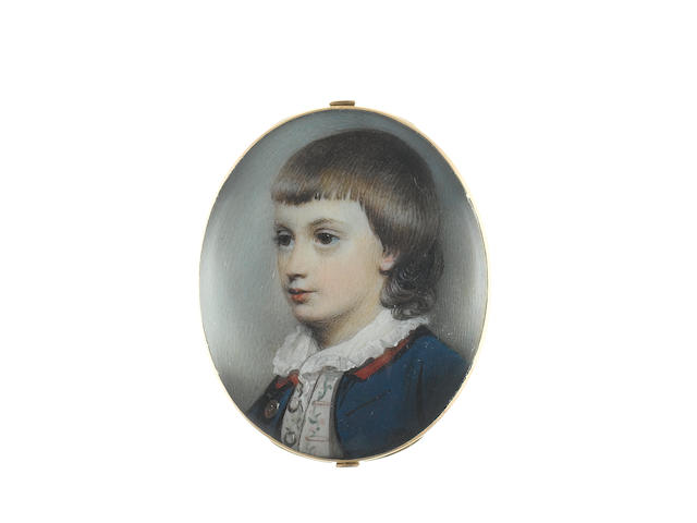 George Engleheart (British, 1750-1829) Robert William Wynne (1766-1842), as a boy, wearing blue coat with red collar, cream waistcoat with green and pink embroidery, white chemise with frilled collar