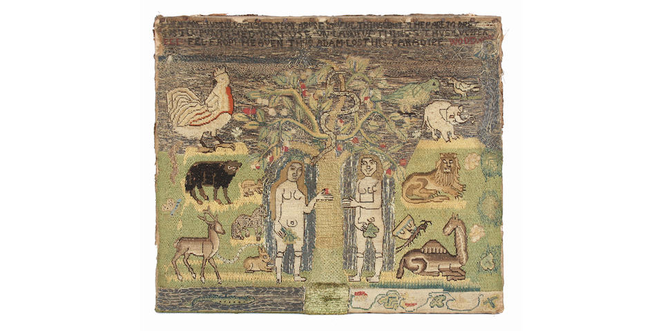 A mid 17th century needlework picture depicting Adam and Eve