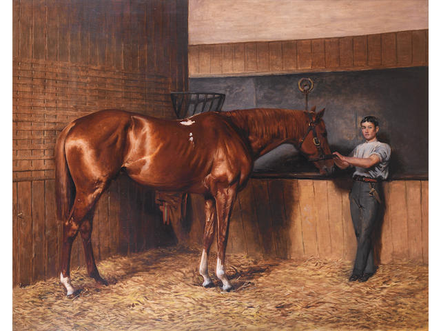 Charles Augustus Henry Lutyens (British, 1829-1915) 'Avontes' and groom in a stable interior