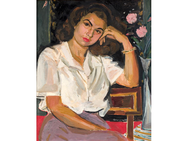 Yiannis Tsarouchis (Greek, 1910-1989) Portrait of Miss N.A. with two roses 61 x 55.5 cm.