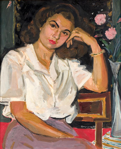 Yiannis Tsarouchis (Greek, 1910-1989) Portrait of Miss N.A. with two roses 61 x 55.5 cm.
