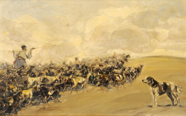 Vassilis Germenis (Greek, 1896-1966) Leading the herd 36 x 59 cm.