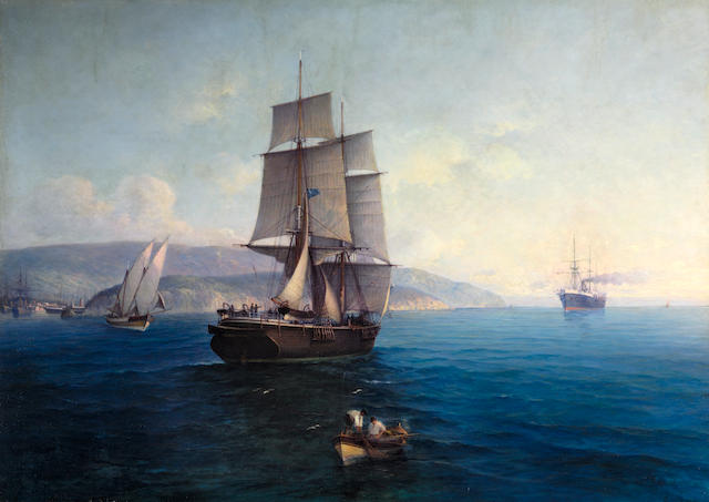 Ioannis Poulakas (Greek, 1864-1942) Sailing ship and steamer 85 x 121 cm.