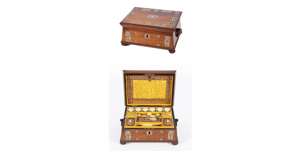 A William IV rosewood and foliate mother-of-pearl inlaid sewing box and a George III oval silkwork picture