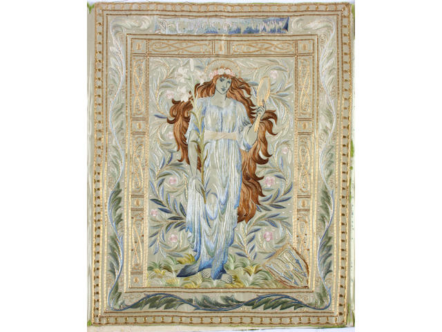 A fine Pre-Raphaelite needlework book cover from 'The Book of Beauty', circa 1896