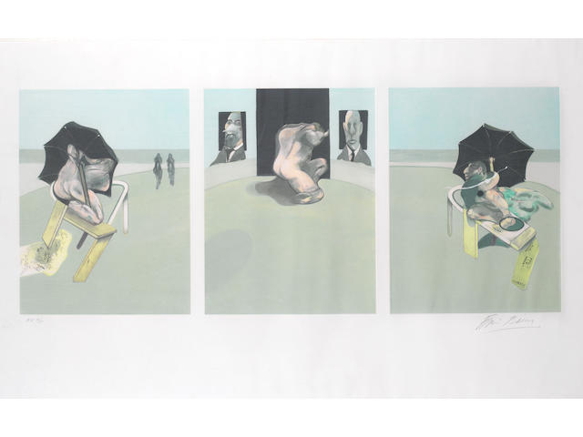 Francis Bacon (British, 1909-1992) Triptych 1974-1977 Etching and aquatint in colours, 1981,  an artist's proof aside from the edition of 99, on Guarro paper, signed in pencil lower right and numbered 11/15 lower left, printed by Poligrafa, Barcelona, each plate 388 x 295mm (15 1/4 x 11 2/3in), sheet 625 x 895mm (24 1/2 x 35 1/4in)
