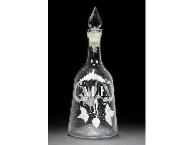 A Beilby enamelled Ale decanter and a stopper, circa 1765