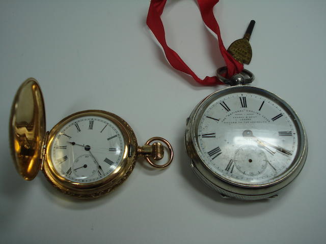 A hunter pocket watch, by Waltham and a silver open faced pocket watch, by Kendal & Dent