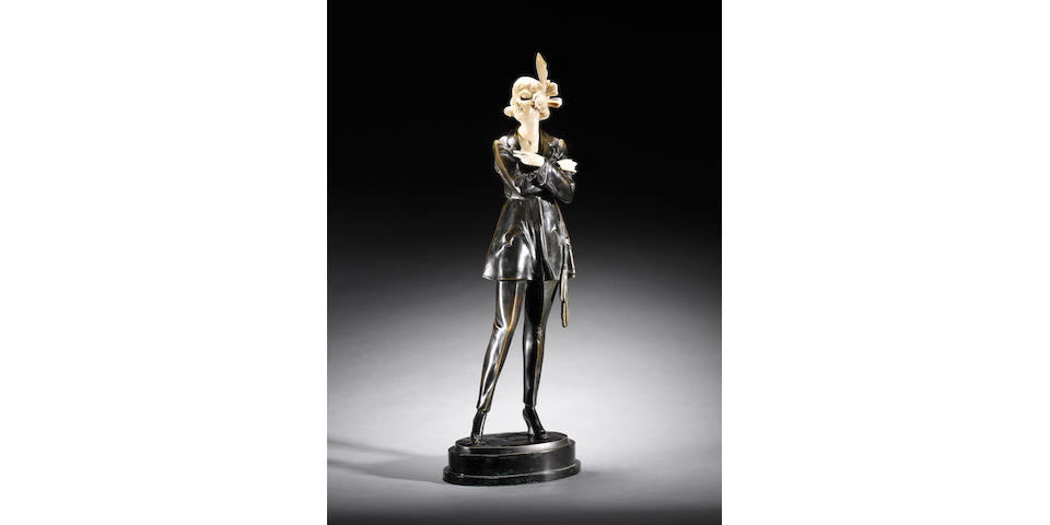 Bruno Zach 'The Cigarette Girl' a large patinated bronze and carved ivory Figure, circa 1925
