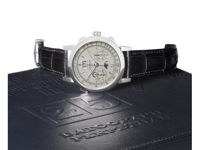 A. Lange & S&#246;hne. A very fine platinum perpetual calendar chronograph wristwatch with moonphasesDatograph Perpetual, Ref:410.025E, Case No.158228, Movement No.48277, Sold 12th of April 2007