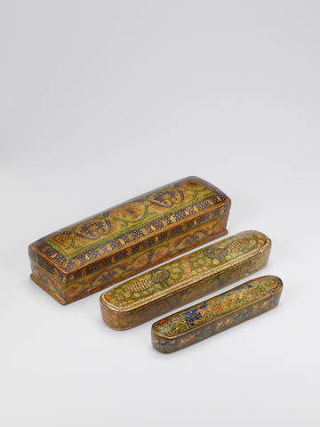 Three Kashmiri lacquer papier-mache Pen-Boxes (qalamdan), Mid to late 19th Century (3)