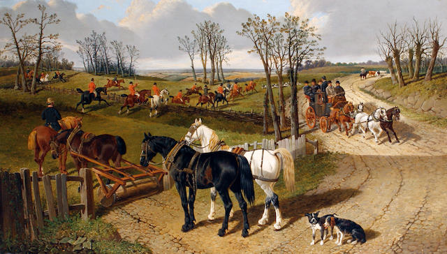Manner of John Frederick Herring, Jnr. A country scene with plough horses in the foreground and a hunt beyond