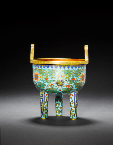A rare cloisonn&#233; enamel and gilt-bronze tripod censer Early Qing dynasty