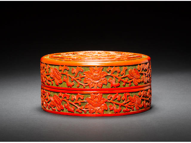 A rare carved cinnabar polychrome lacquer box and cover Qianlong