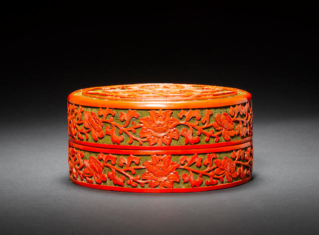 A rare carved cinnabar polychrome lacquer box and cover Qianlong