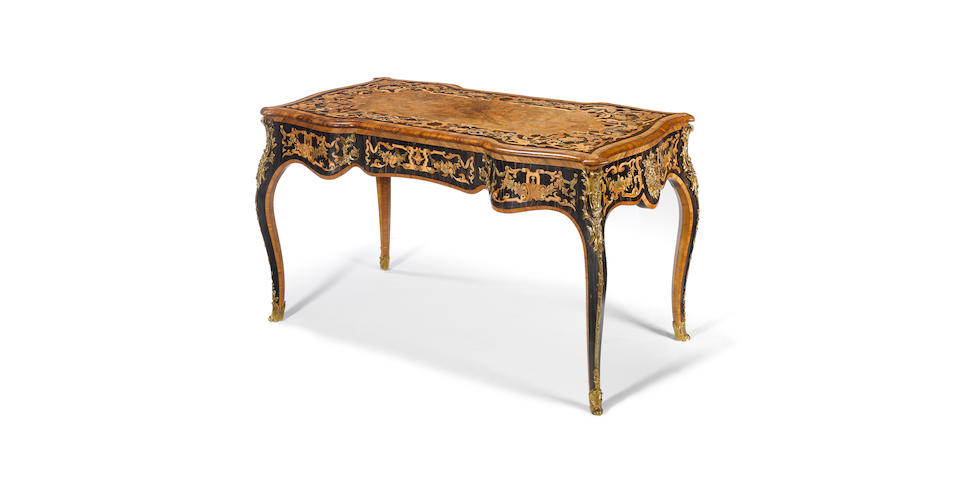 A good early Victorian burr walnut, kingwood and ebony bureau plat in the Louis XV style, possibly by Gillows