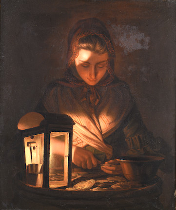 Henry Robert Morland (circa 1716-1797 London) A young woman shucking oysters by lamplight image 1