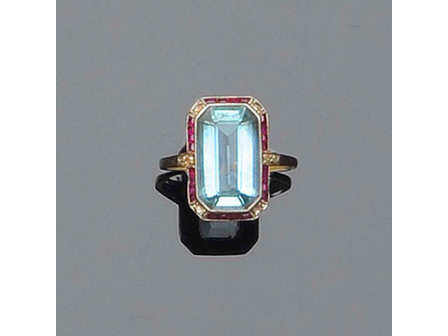 An Art Deco aquamarine, diamond and ruby ring