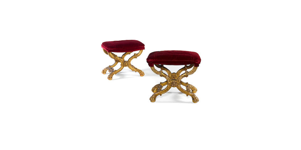 A French 18th century Louis XIV gilt walnut tabouret plianttogether with a late 19th century copy en suite